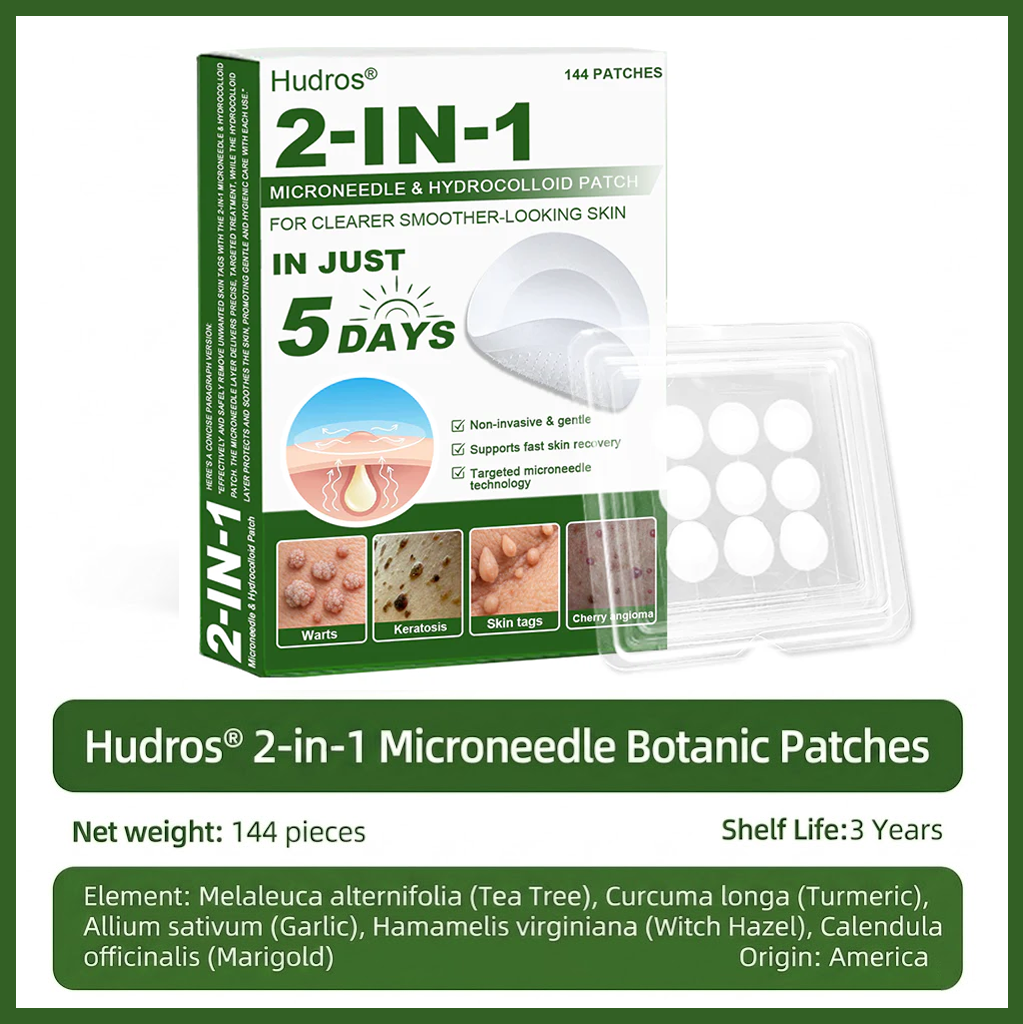 📌Hudros® 2-in-1 Microneedle & Hydrocolloid Patch | Raised Moles,Acne, Flat Warts & Skin Tags Remover | Improves Wrinkles, Scars & Blemishes | Invisible Star Pimple Patches for Face & Body | 144 Count