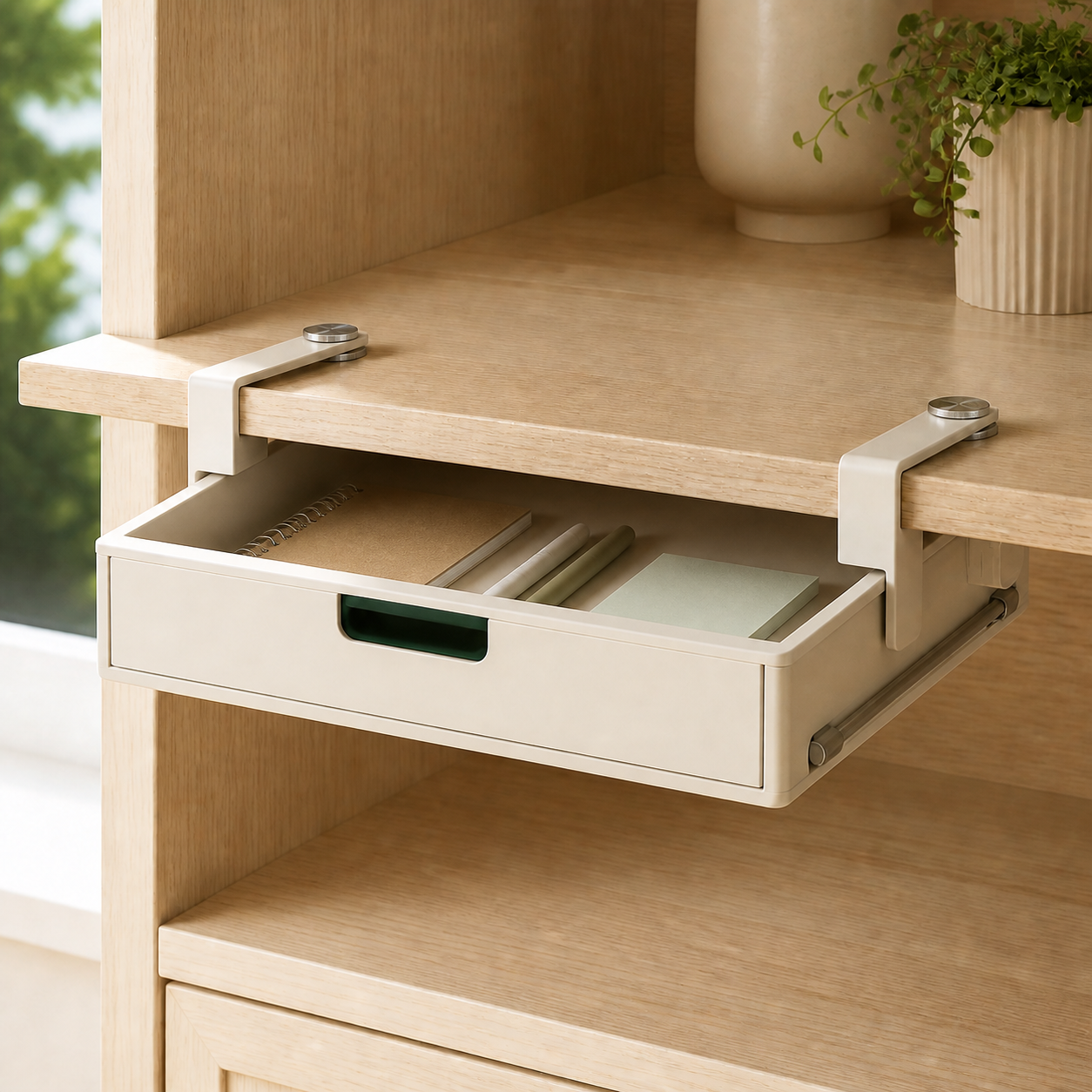 Clamp-On Under-Shelf Drawer — in everyday use