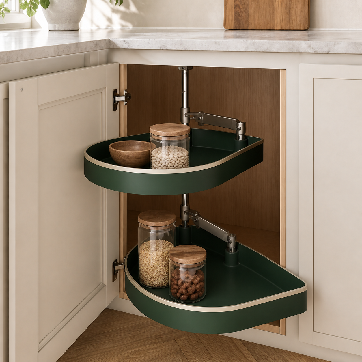 Lift-Up Corner Cabinet Organizer — in everyday use