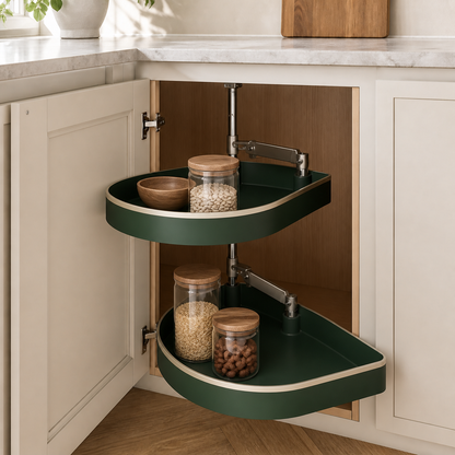 Lift-Up Corner Cabinet Organizer — in everyday use