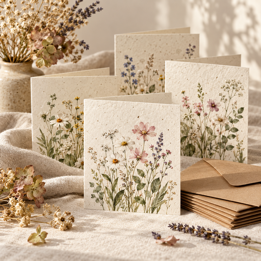 Concept preview of folded botanical greeting cards with matching kraft envelopes