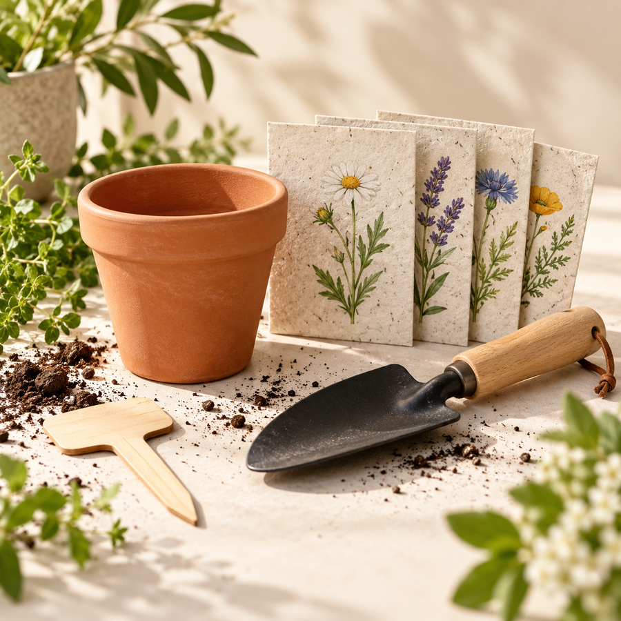 Concept preview of a terracotta pot, seed-paper packets and small gardening tools
