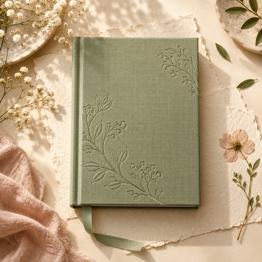 Concept preview of a sage linen keepsake journal with botanical details