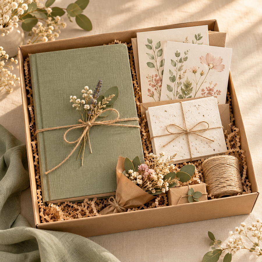 Concept preview of a nature-inspired gift box with stationery and a linen notebook